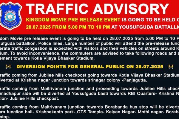 Kingdom film pre-release event in Hyderabad’s Yousufguda from 5 p.m. to 10 p.m. on Monday; Traffic advisory issued Hyderabad20traffic20diversion.jpg